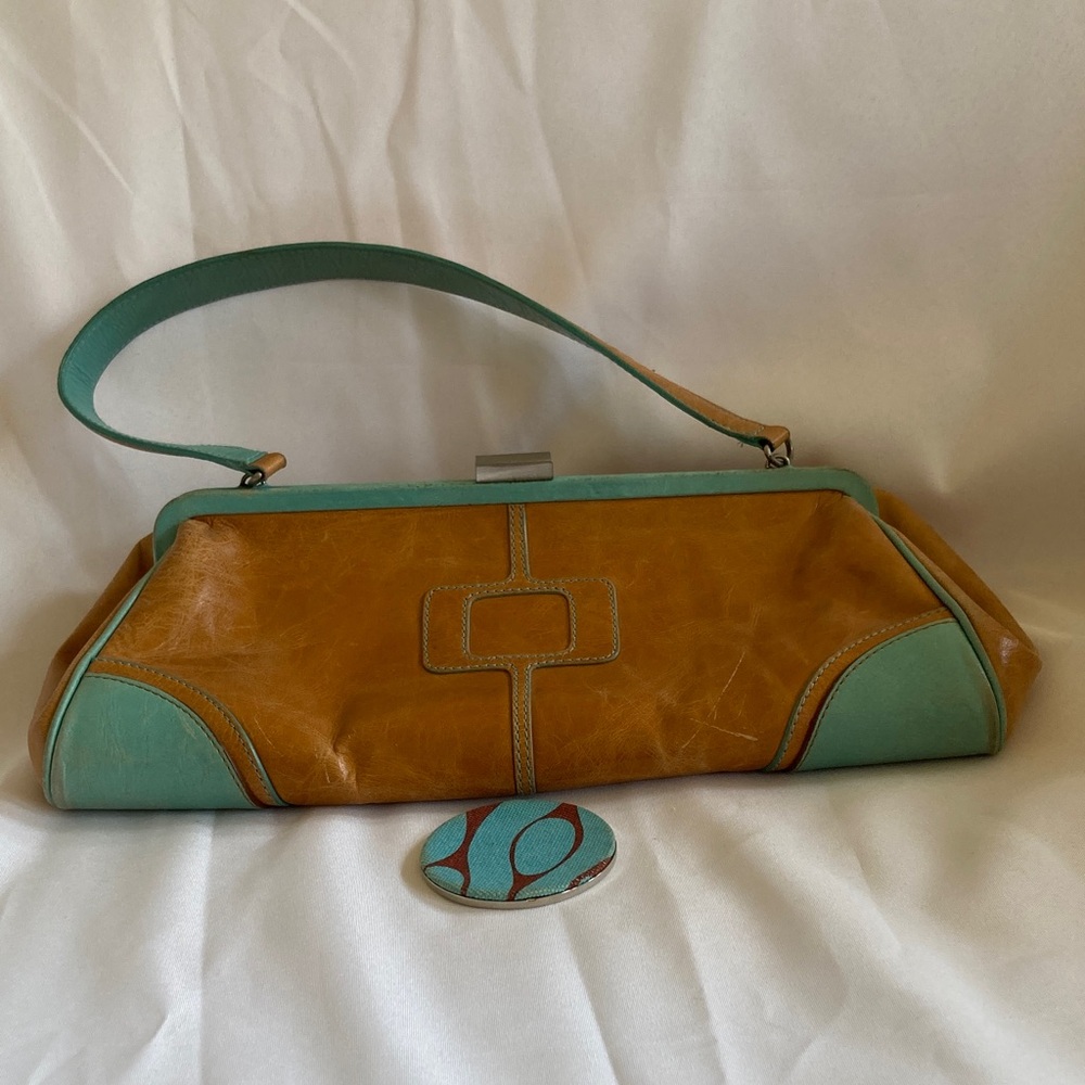 Angela Adams Tan and Turquoise Leather Satchel with Mirror.